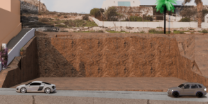 Photorealistic image of the 3d-model of the terrain with the photo of the plot as a background